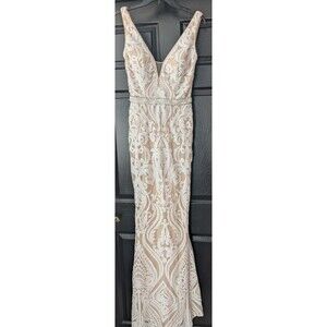 EUC Stunning White Sequin Applique Gown with Nude Lining by Sparkle Wedding Prom